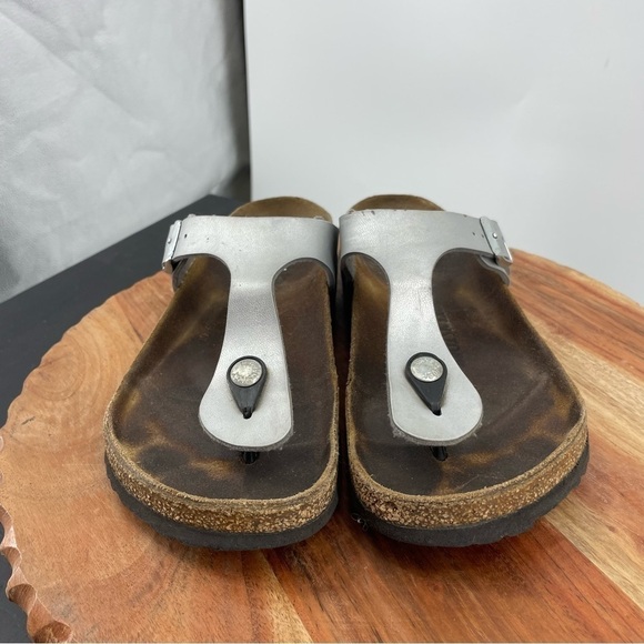 Birkenstock Shoes - Birkenstock “Gizeh” Silver Metallic Thong Sandals Flats 38 7